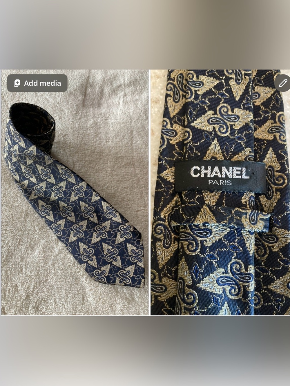 Navy And Gold Paisley CHANEL 100% Silk Brocade NeckTie. Made In Italy.  Luxury.